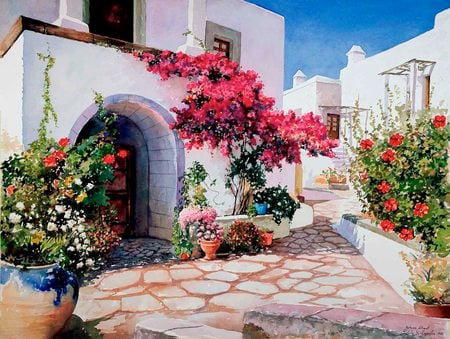 Beautiful courtyard - stone, stairs, flower pots, white, arch, balcony, brick, blue, house, flowers