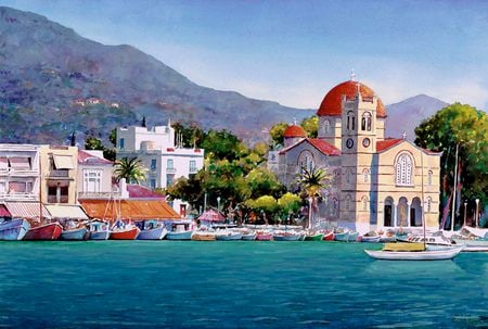 lovely painting - mountains, water, beautiful, buildings, houses, trees, sea, boats, marina