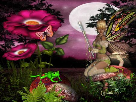 Fairy - moon, abstract, frog, wand, tree, fairy, flowers, fantasy