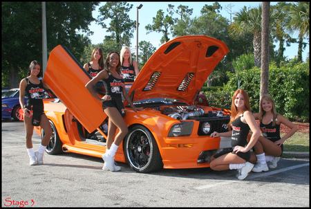 Hooter Girls With Stang - girls, ford, waitress, orange