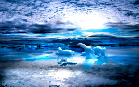 Dreamer - clouds, ray, blue, ocean, reflection, sky, ice berg