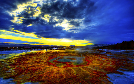 Spring Water - land, reddish, spring water, houses, sky