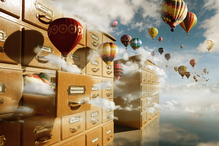 Work day dreams - sky, balloons, files, floating