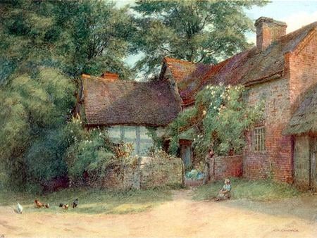 Cottage - cottage, ladies, trees, hens, artwork