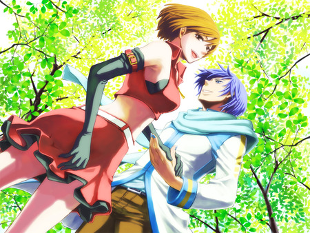 Kaito & Meiko - sexy, couple, girl, brown eyes, blue eyes, meiko, kaito, brown hair, blue hair, forest, boy, anime, cute, short hair