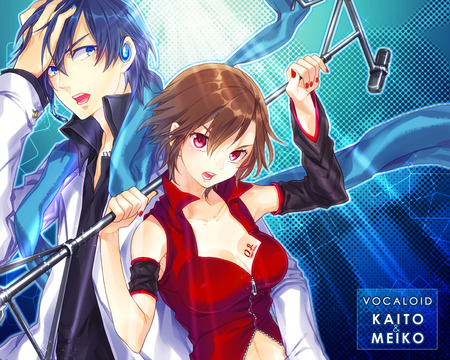 Kaito & Meiko - brown eyes, anime, vocaloid, meiko, girl, brown hair, microphone, short hair, boy, kaito, blue hair, cute, couple, sexy, blue eyes