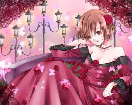 Meiko - roses, brown eyes, anime, meiko, girl, brown hair, flowers, short hair, cute, candles, sexy