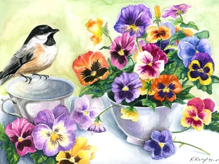 Chickadee & Pansies - group, spring, chickadee, pansies