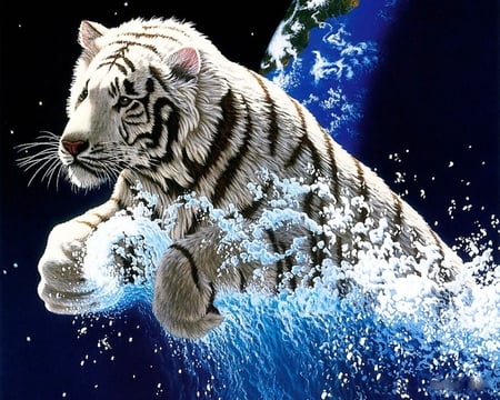 Tiger Splash - tigre, water, planet, earth, tiger, white tiger, black and white, splash, art