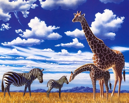 Girafas e zebras - clouds, giraffes, girafas, girafes, animal art, zebra, zebras, william schimel, sky, animals