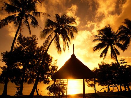 Bay of Kuto, Isle of Pines, New Caledonia - new caledonia, beach, silhouette, sun dawn, ocean, suset, sky, clouds, isle of pines, gold, trees, bay of kuto