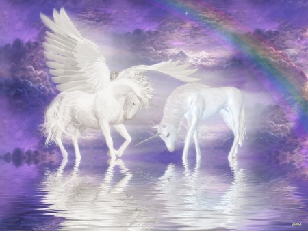 Friends Forever - unicornio, abstract, pegasus, reflection, horse, fantasy horse, fantasy, graphics, rainbow, friends, stallion, unicorn, greek mythology