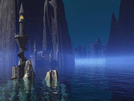 Fantasy World - water castle, graphics, fantasy, blue, mystery, fantasy world, 3d and cg, castle