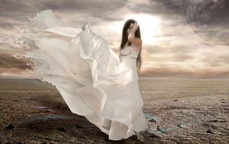 fantasy girl - pretty, scenery, windy, beach, scene, dress, cloudy sky, widescreen, mujer, imagen, hd, nice, favorita, ideal, beautiful, hermoso, vestido, smooth, bella, scenic, beauty, cool, ocean, dreams, wonderful, fantasy, white, woman, cute, magnific, sexy, blues and green