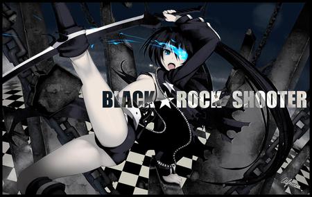 Anime - black rock shooter, black, blue, fire, sword