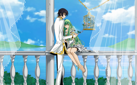 Code Geass - love, yellow eyes, sky, sexy, couple, girl, long hair, purple hair, code geass, black hair, boy, anime, green hair, cute, short hair