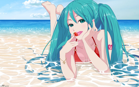 Hatsune Miku - anime, swimsuit, vocaloid, strawberry, twintails, beach, girl, sea, hatsune miku, long hair, bikini, blue hair, cute, sexy, blue eyes