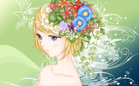 Kagamine Rin - tears, sexy, kagamine rin, girl, blue eyes, blonde hair, vocaloid, anime, flowers, cute, short hair