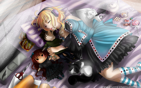 Sleeping Alice - anime, puppets, girl, toys, blonde hair, sweets, short hair, headphones, cute, alice, sleeping, sexy