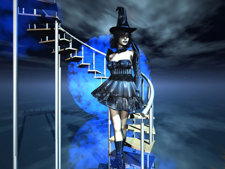 Sweet Witchy - woman, female, girl, fantasy, cg, witch, abstract, 3d, staircase, sweet, bluemoon, spiral