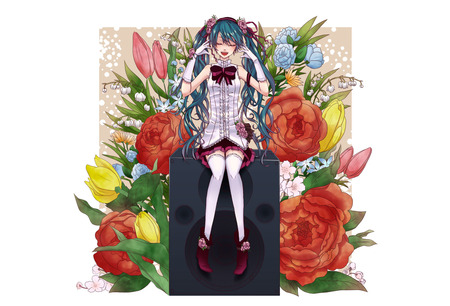 Hatsune Miku - blush, cute, flowers, vocaloid, anime, twintails, girl, long hair, sexy, blue eyes, hatsune miku, blue hair