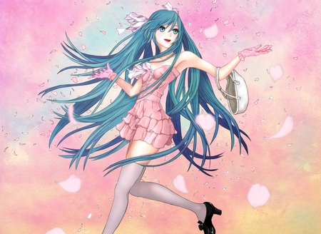 Hatsune Miku - cute, vocaloid, anime, twintails, girl, ribbon, long hair, petals, sexy, blue eyes, hatsune miku, blue hair