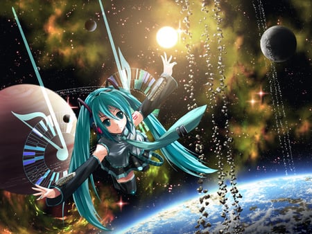 Hatsune Miku - hatsune miku, planets, sexy, girl, twintails, sun, blue eyes, long hair, space, blue hair, vocaloid, anime, cute, earth