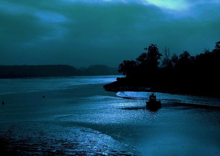 Blue velvet ride - lake, evening, boat, ride, blue