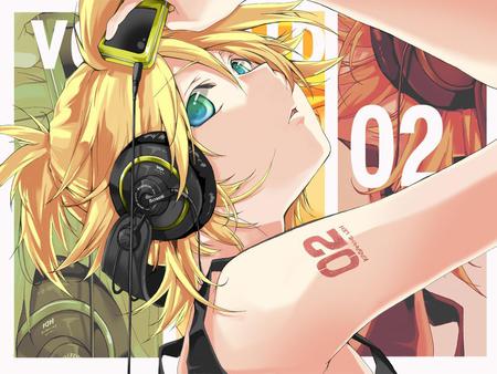 Kagamine Len - sexy, blue eyes, blonde hair, vocaloid, headphones, boy, anime, short hair, cute, kagamine len