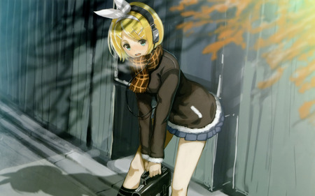 Kagamine Rin - anime, vocaloid, girl, blonde hair, short hair, kagamine rin, headphones, cute, ribbon, sexy, blue eyes