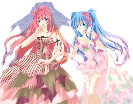 Miku & Luka - anime, vocaloid, twintails, hatsune miku, long hair, girls, blue hair, megurine luka, cute, pink hair, sexy, blue eyes