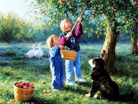 An apple a day - trees, geese, dog, boys, basket, apples