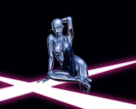 Hajime Sorayama - girl, crome, dark, robot