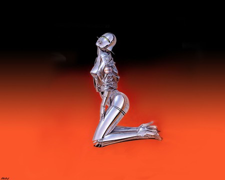 Hajime Sorayama - girl, crome, red, robot