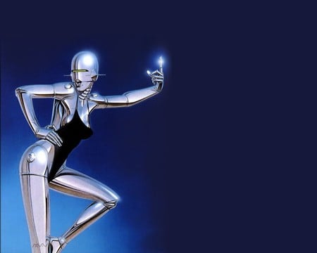 Hajime Sorayama - girl, crome, dark blue, robot