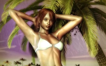 Beach - fantasy, palm tree, beach, girl, abstract