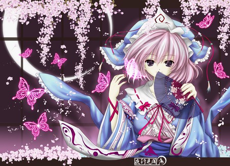 Saigyouji Yuyuko - fan, hat, ribbons, saigyouji yuyuko, touhou, petals, anime, kimono, short hair, purple eyes, cute, moon, sherry blossoms, sexy, girl, pink hair, butterfly, smile