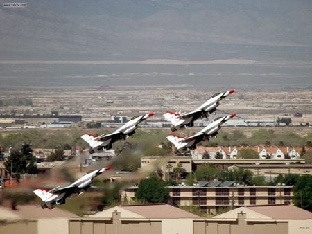 Thunderbirds in Diamond Formation Take Off - aircraft, planes, formation, military, diamond, take off, air field