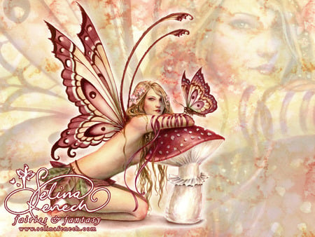 Flutter friends - wings, red, butterflies, beautiful, mushroom, woman