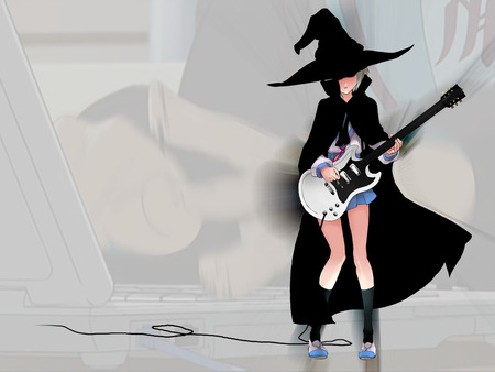 The Melancholy of Suzumiya Haruhi - melancholy, guitar, music, black, haruhi, witch, grey, anime, uniform, suzumiya