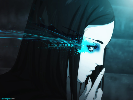 Ergo Proxy - anime, female, blue, neon, girl, whisper, dark, black, proxy, ergo