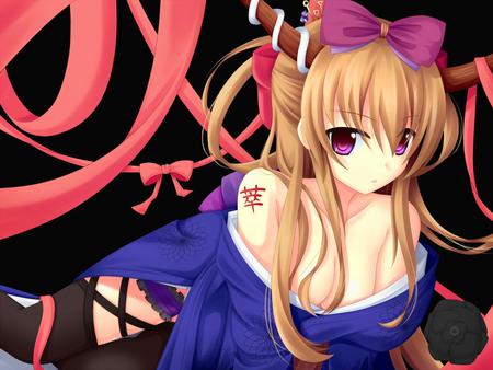 Anime - tattoo, anime, buki suika, blue, blonde, kimono, black, sexy, ribbons