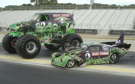 Grave Digger and Pal - drag car, truck, 4x4, drags, race car, car, speed, race track, grave, grave digger, monster truck