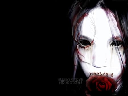 Kissing Each Whisper with Fear - death, scary, eyes, sad, goth, evil, gothic, rose, fantasy, sorrow, dead, pale, creature, fear, flower, demon