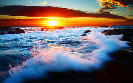 Furious - sky, reflection, splashing, reef, wave, rocks