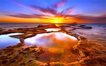 Sunset Golden Reflection - beach, sky, sun, water, sunset, yellow, reflection, clouds, smooth, orange, golden, rock, ocean, daylight, day, gold, nature