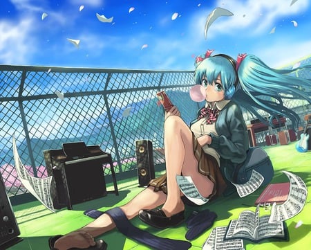 miku hatsune - sky, note, speakers, funny, hatsune, pretty, headphones, vocaloid, blue, petals, miku, diva, grass, cute