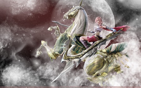 final fantasy XIII - sword, horse, cool, lightning, gestalt, girl, xiii, summon, unicorn, warrior, fantasy, nice, moon, ff