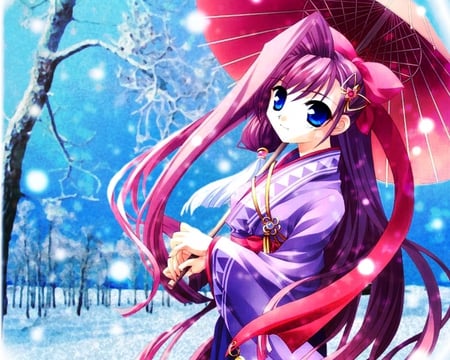 Winter Scene - girl, landscape, trees, snow, umbrella, anime, winter, scene