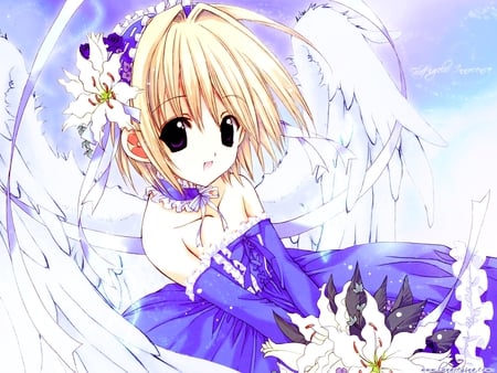 Cute angel - girl, blonde hair, angel, anime, flowers, cute, purple eyes, short hair